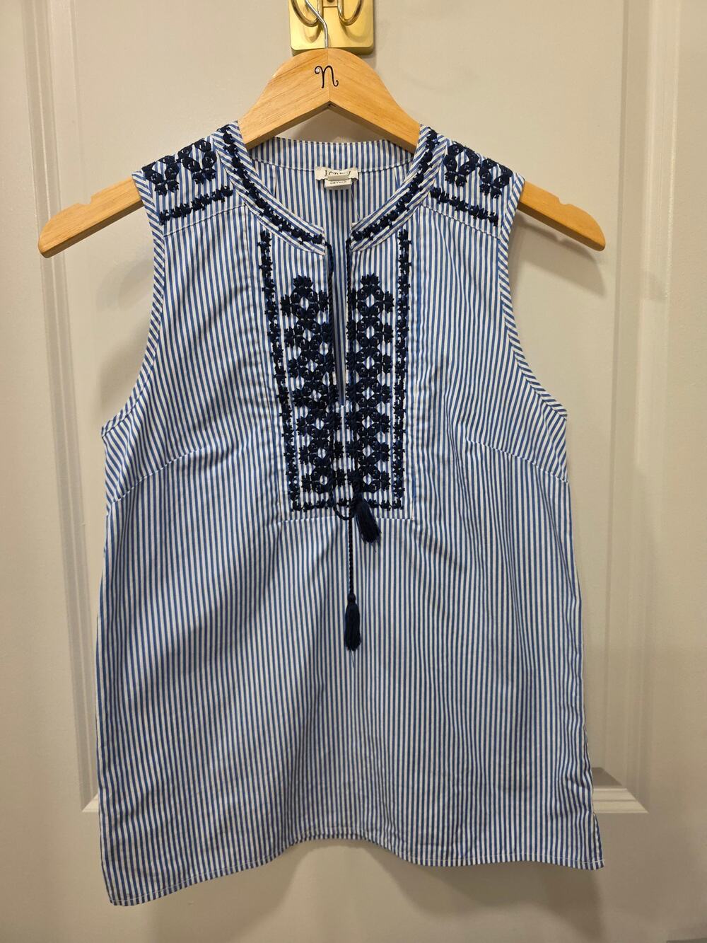 J. Crew Blue and White Striped Sleeveless Shirt with Tassels